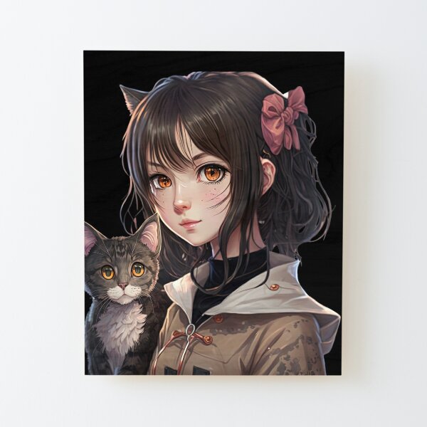 Cute anime girl holding her cat kawaii Japanese style cool design