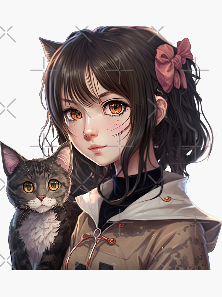 Cute Anime girl with her kawaii cat