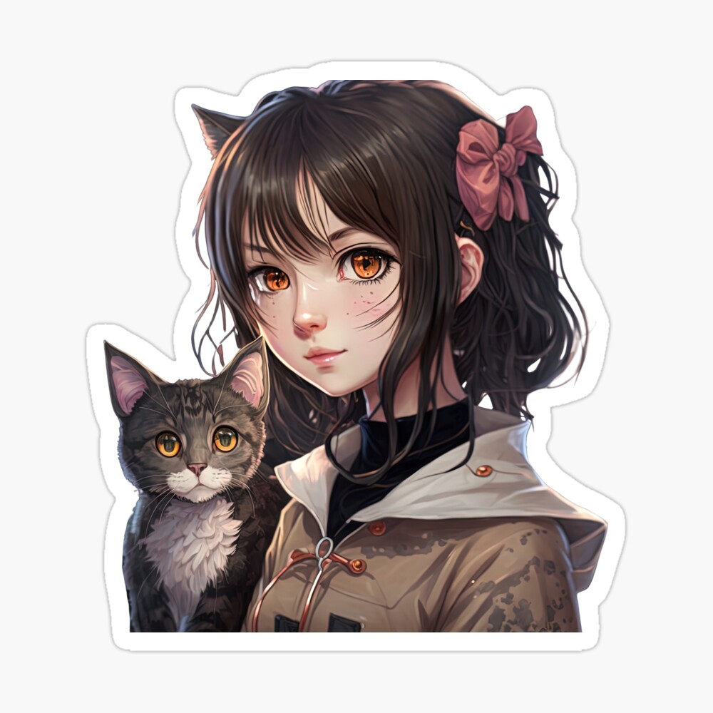 Cute Anime Girl Holding Her Cat Kawaii Japanese Style Cool Design
