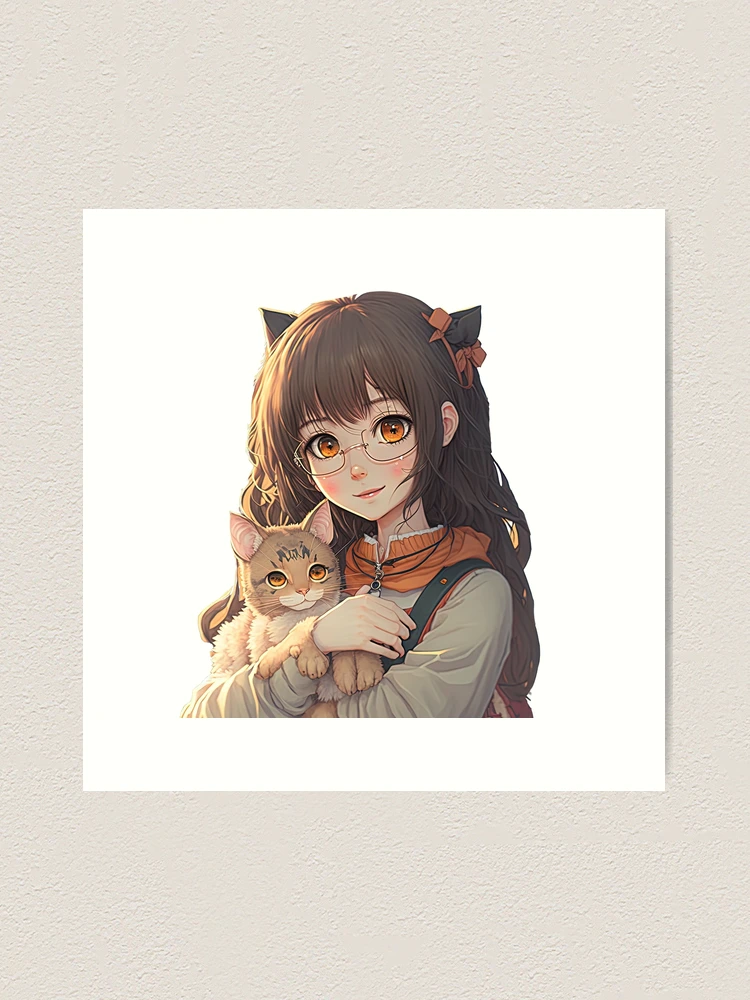 Cute Anime Cat Girl With her kawaii Cat , an art print by Anass