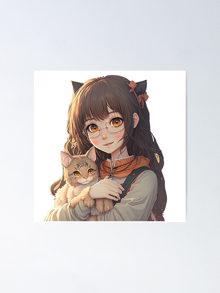 Cute Anime girl with her kawaii cat - Anime Cat Girl - Posters and