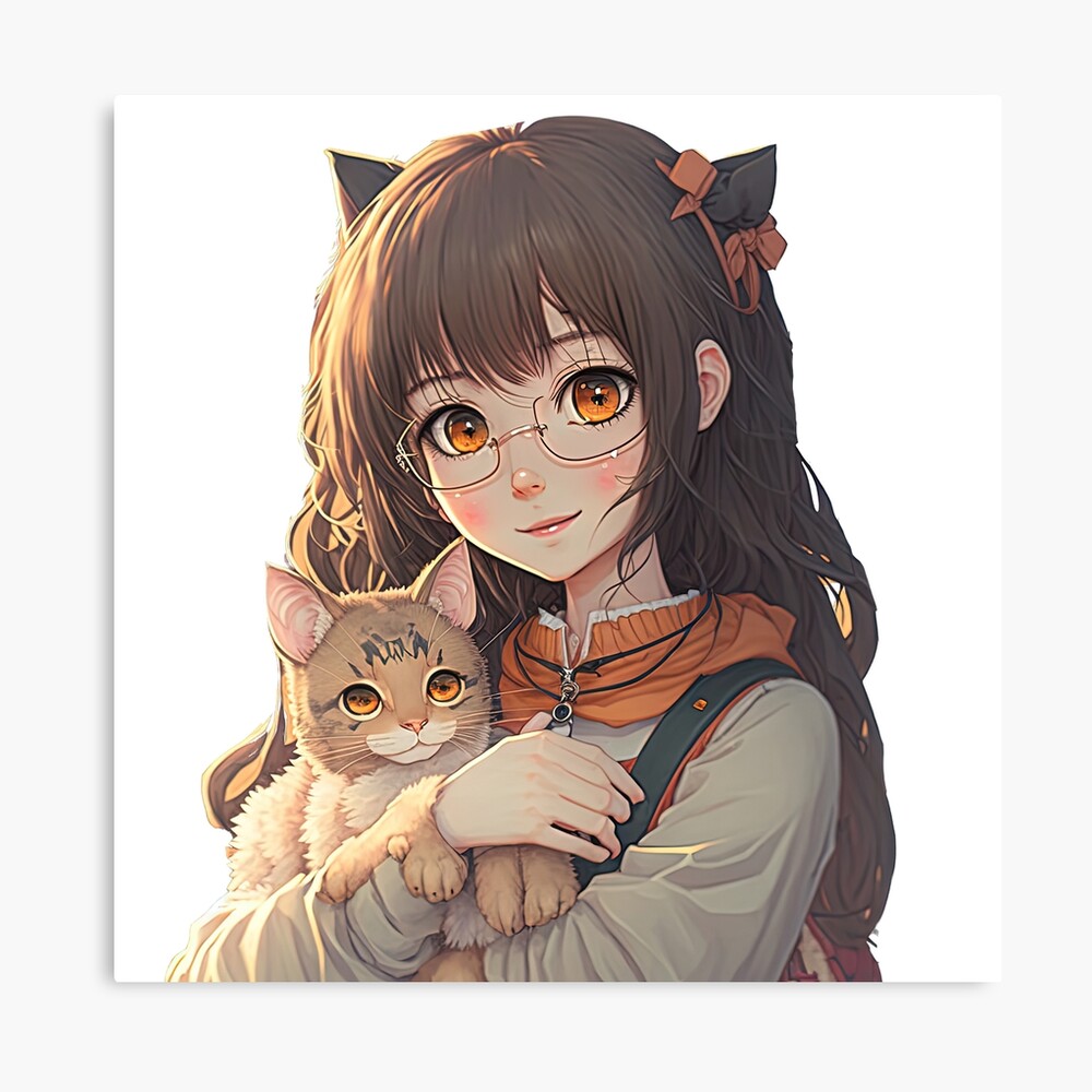 Cute anime girl with her cat kawaii Japanese style cool design