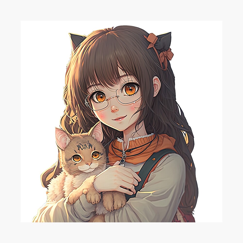 Cute anime girl with her cat kawaii Japanese style cool design