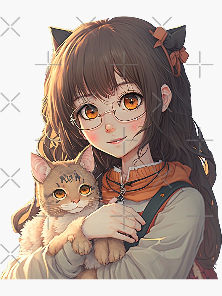 Cute anime girl with her cat kawaii Japanese style cool design