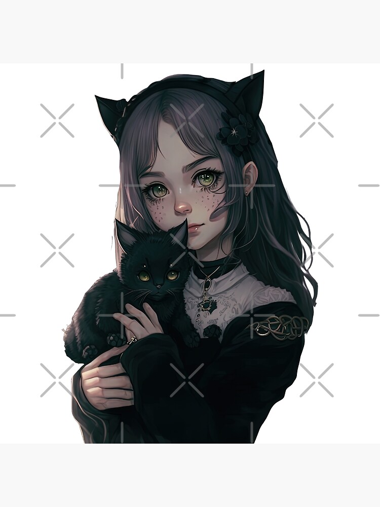 Cute goth anime girl with her gothic cat kawaii Japanese style cool design  | Poster