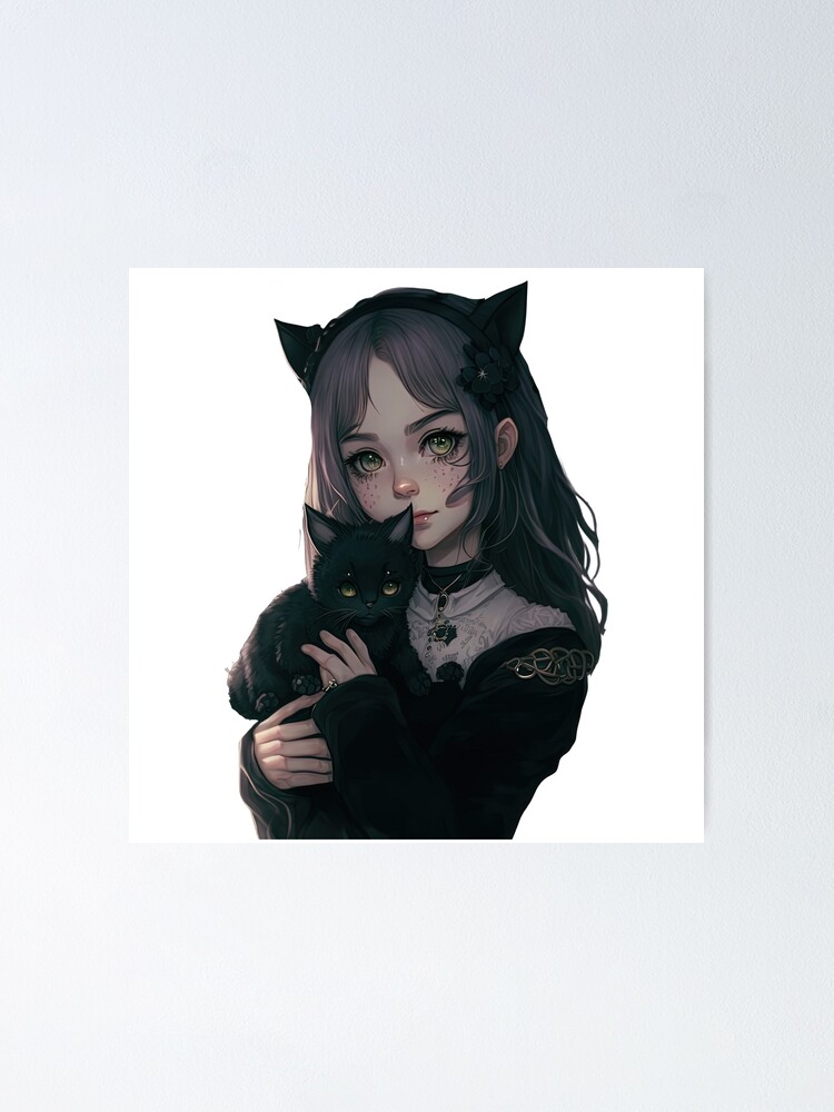 Cute goth anime girl with her gothic cat kawaii Japanese style cool design  | Poster