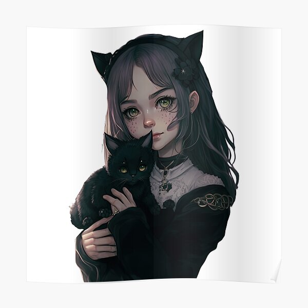 Serious girl with dark hair hugging a black cat in anime style. Generated  ai. 23717957 Stock Photo at Vecteezy