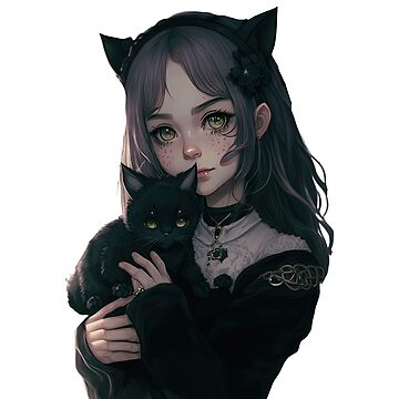 Cute goth anime girl with her gothic cat kawaii Japanese style cool design  | Sticker