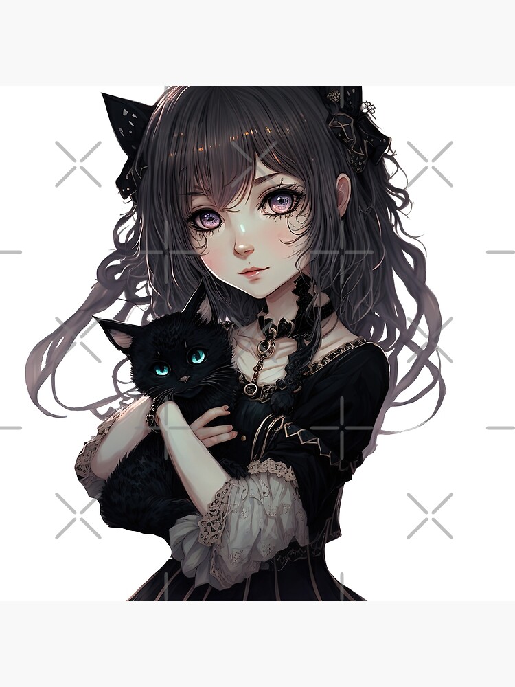 Cute gothic anime girl with her goth cat kawaii Japanese style cool design  | Greeting Card