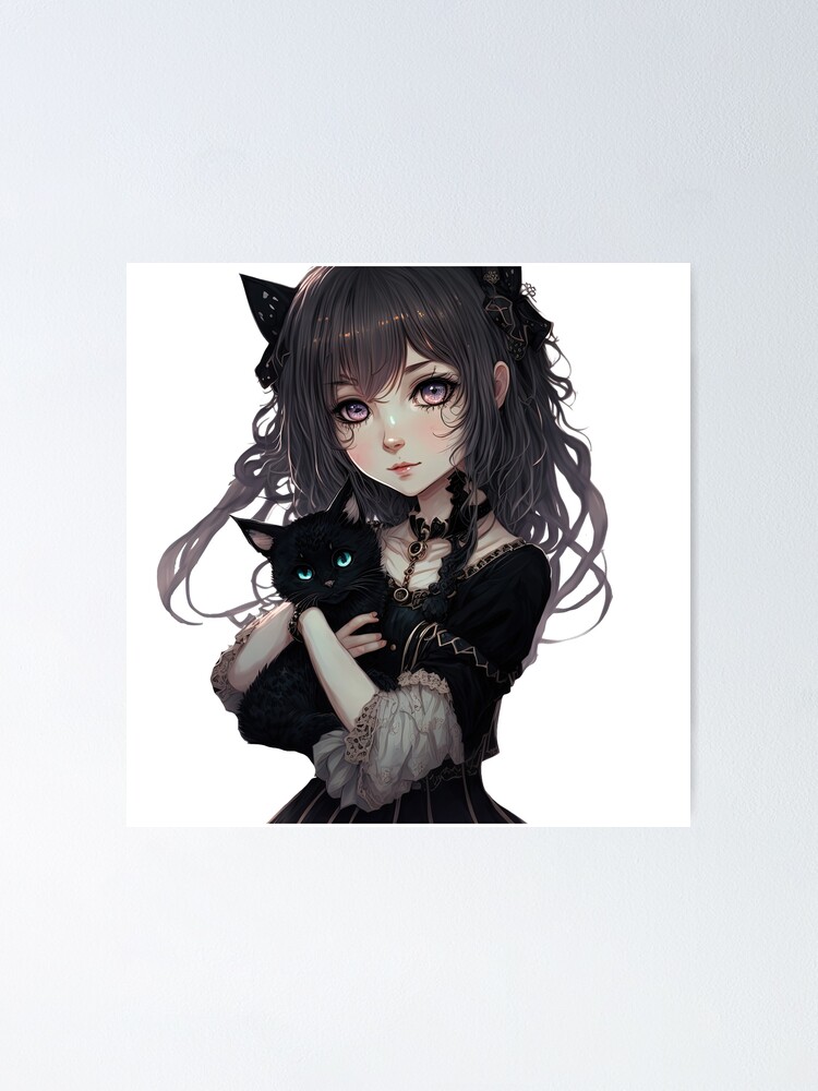 Cute anime girl with her cat kawaii Japanese style cool design | Sticker