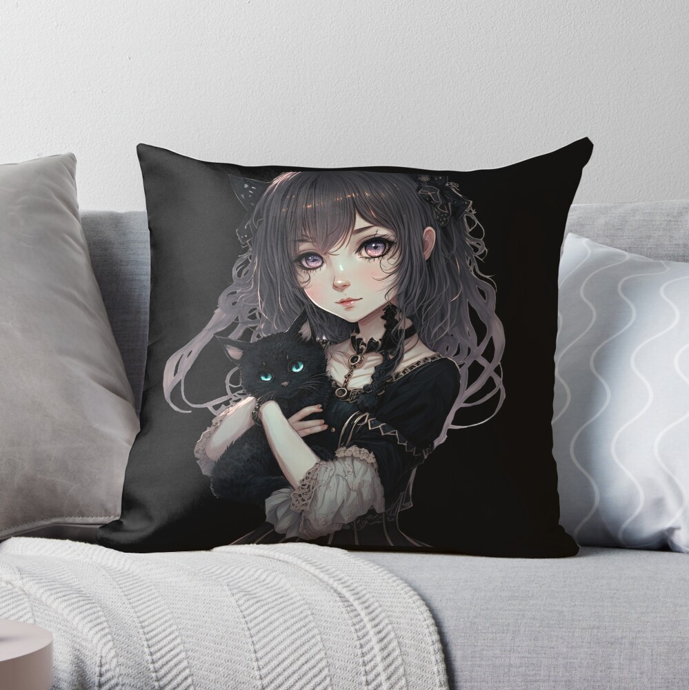 Cute gothic anime girl with her goth cat kawaii Japanese style cool design  Pillow for Sale by AnimalArtPhotos