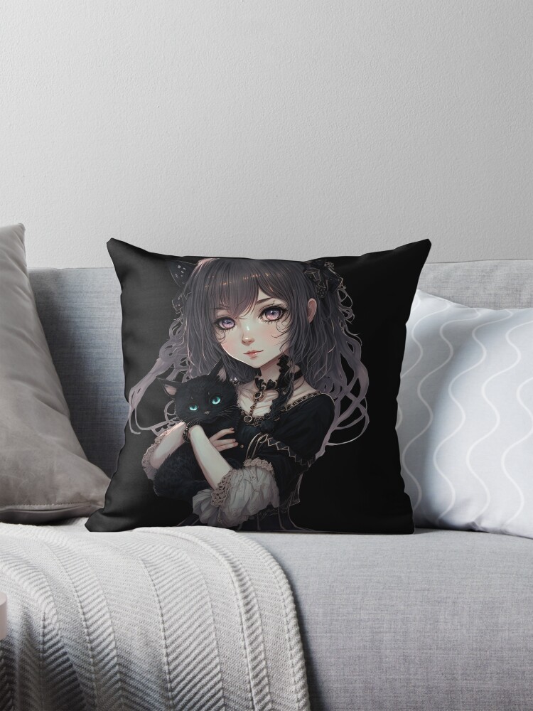 Cute gothic anime girl with her goth cat kawaii Japanese style cool design  Pillow