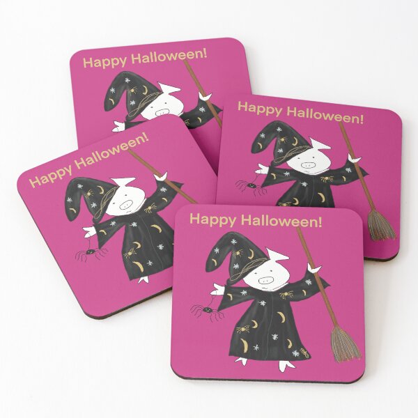 Item preview, Halloween pink ghost witch with broomstick and spider.  Cute pig in fancy dress, Halloween designed and sold by PiggingJapan.