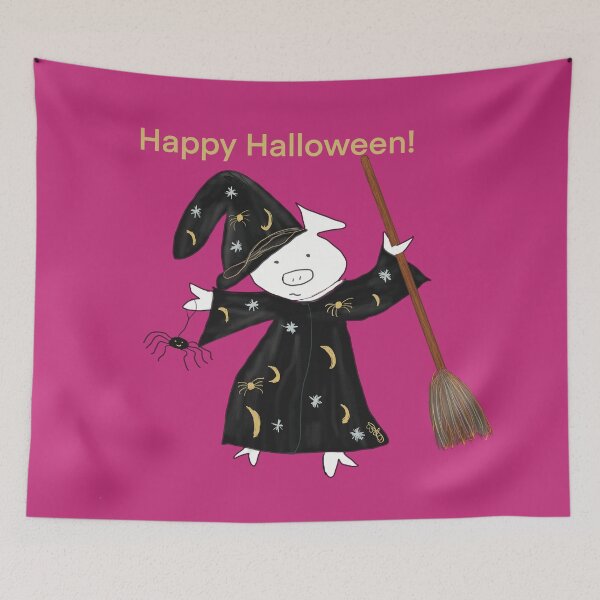 Item preview, Halloween pink ghost witch with broomstick and spider.  Cute pig in fancy dress, Halloween designed and sold by PiggingJapan.