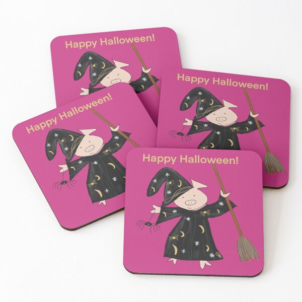 Item preview, Halloween pink witch with broomstick and spider.  Cute pig in fancy dress, Halloween designed and sold by PiggingJapan.