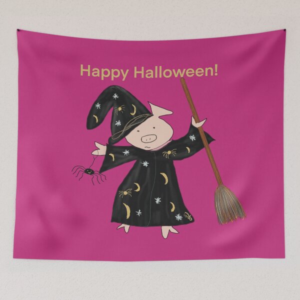 Item preview, Halloween pink witch with broomstick and spider.  Cute pig in fancy dress, Halloween designed and sold by PiggingJapan.