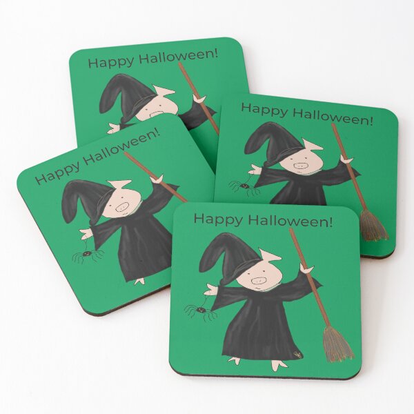 Item preview, Green, Classic Halloween witch with broomstick and spider.  Cute pig in fancy dress. Halloween designed and sold by PiggingJapan.