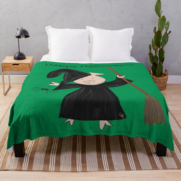 Item preview, Green, Classic Halloween witch with broomstick and spider. Cute pig in fancy dress. Halloween designed and sold by PiggingJapan.