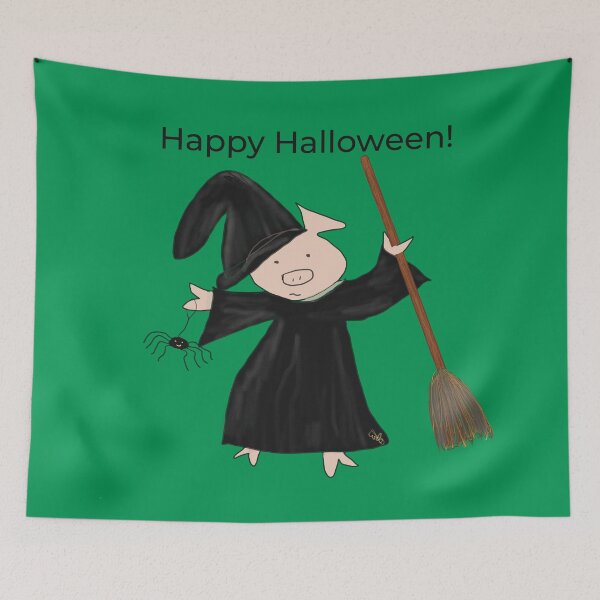 Item preview, Green, Classic Halloween witch with broomstick and spider.  Cute pig in fancy dress. Halloween designed and sold by PiggingJapan.