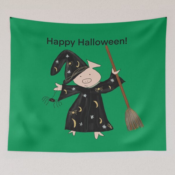 Item preview, Green, Halloween witch with broomstick and spider.  Cute pig in fancy dress. Halloween designed and sold by PiggingJapan.