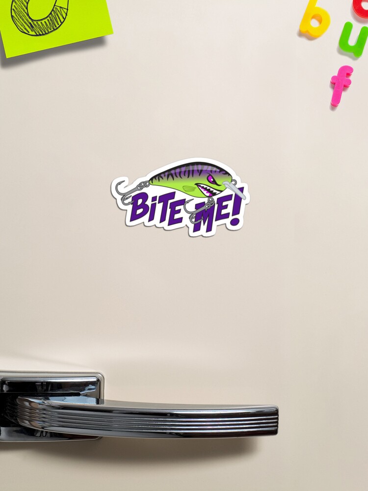 Bite Me Fishing Lure Sticker - Tiger Pattern in Purple Chartreuse | Magnet