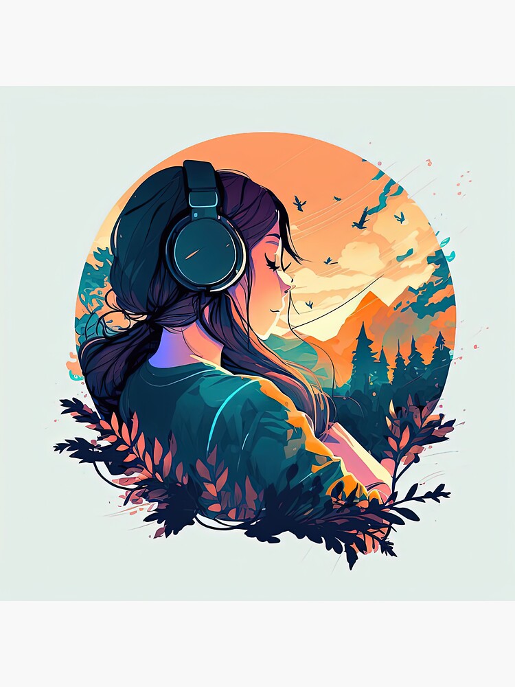 Girl With Headphones Listening To Music Sticker