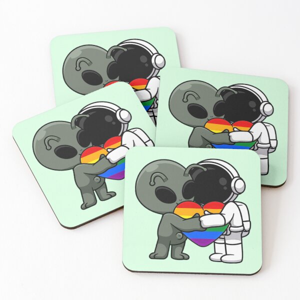 Item preview, Alien and Astronaut Hugging with Rainbow Pride Flag Heart designed and sold by everything4eva.