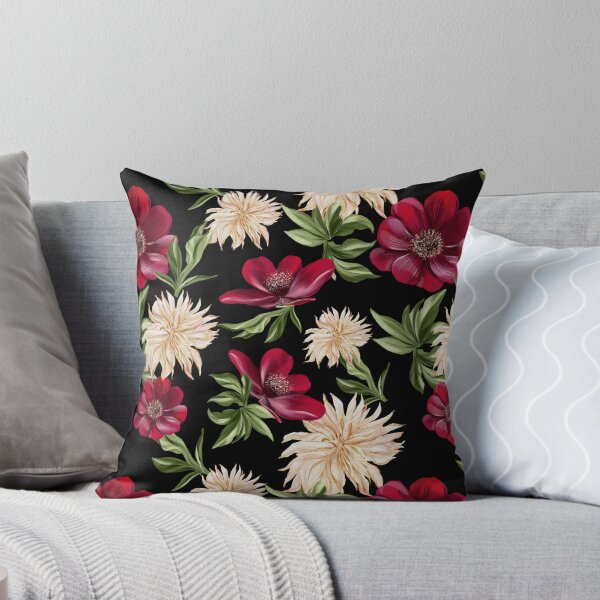 Item preview, Flower Power, Red Cosmo, and Beige Dahlia on black background designed and sold by LittleAnchy.