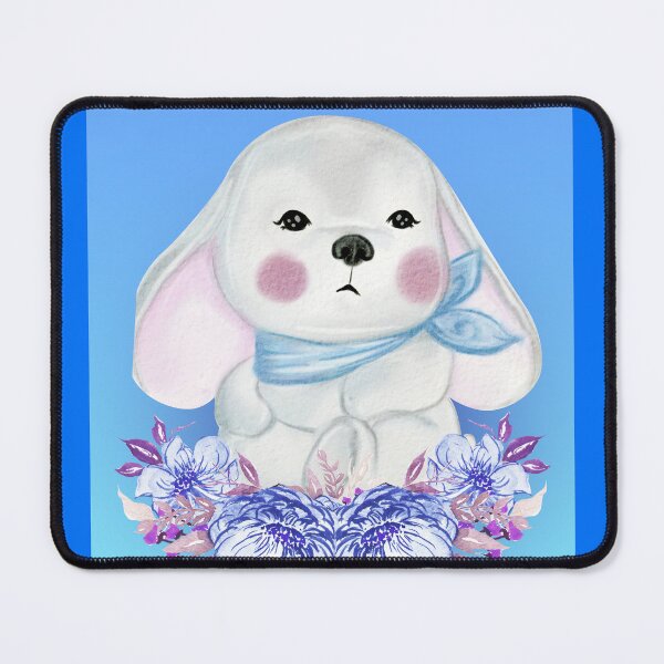 Item preview, baby dog puppy on a blue background sat on flowers designed and sold by trickydee.