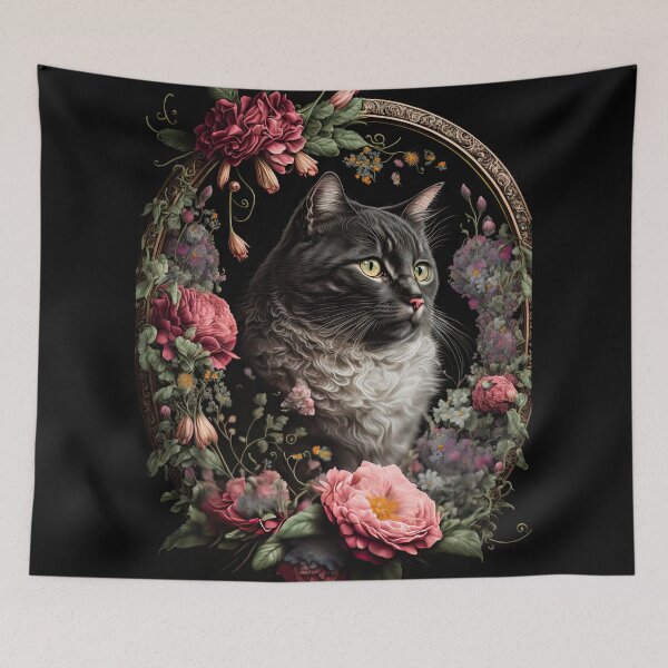 Item preview, Tuxedo Cat and Peonies 1 designed and sold by idreamaboutcats.