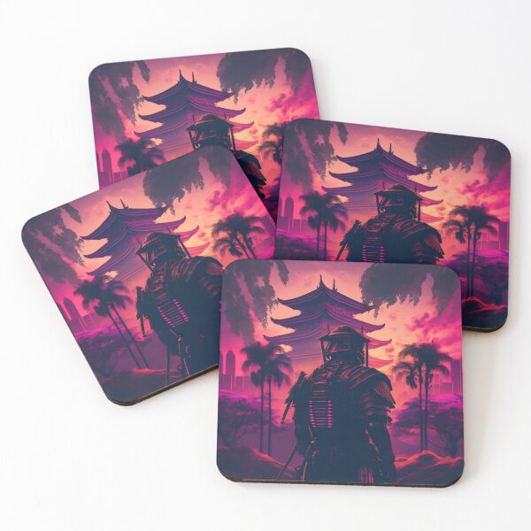 Item preview, Japanese Samurai watching over a temple in Orange & Pink tones Synthwave designed and sold by ElevenVoid.