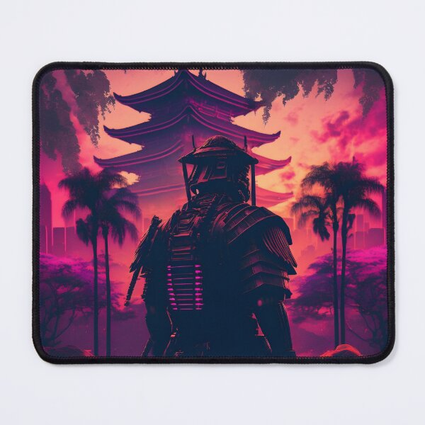 Item preview, Japanese Samurai watching over a temple in Orange & Pink tones Synthwave designed and sold by ElevenVoid.