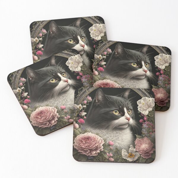 Item preview, Tuxedo Cat and Peonies 9 designed and sold by idreamaboutcats.
