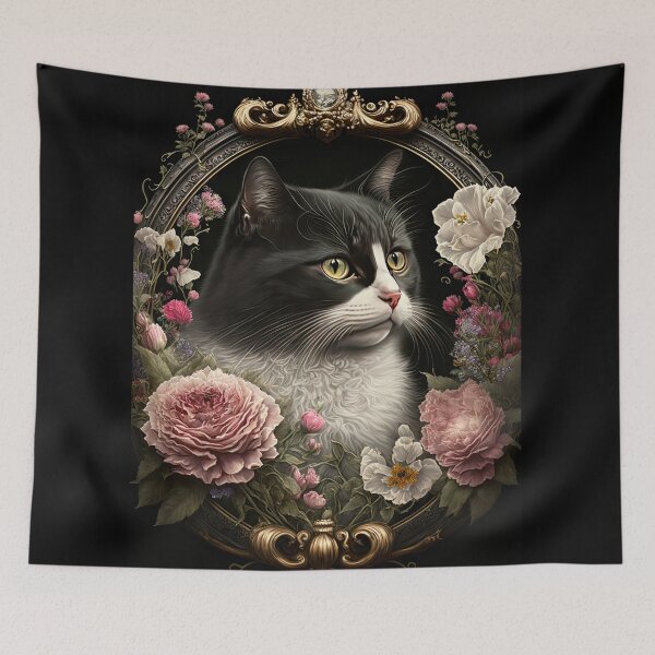 Item preview, Tuxedo Cat and Peonies 9 designed and sold by idreamaboutcats.