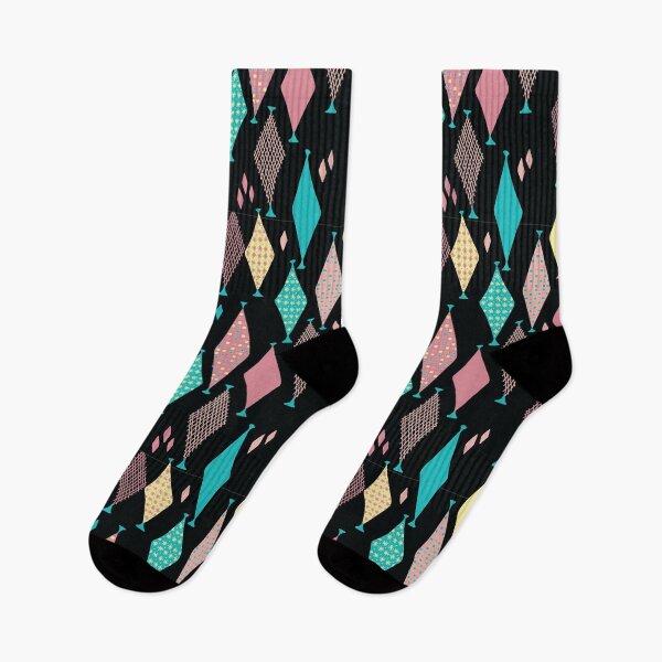 Item preview, 50s 60s Retro Geometric Sketch Fun Pastel Diamonds on Black designed and sold by GypsyGoonDesign.