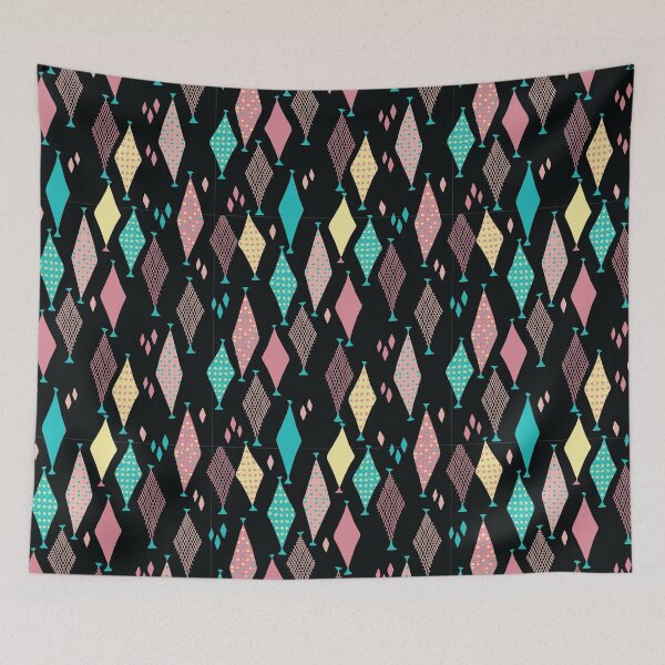 Item preview, 50s 60s Retro Geometric Sketch Fun Pastel Diamonds on Black designed and sold by GypsyGoonDesign.