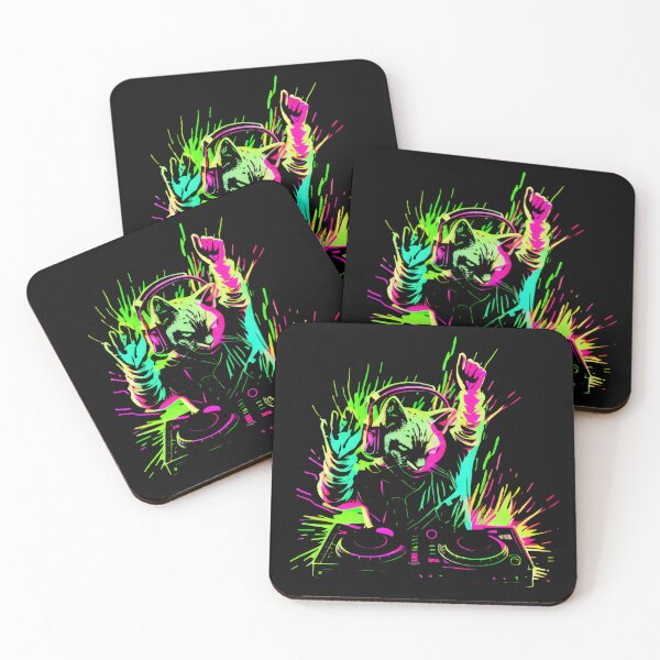 Item preview, Cat DJ Decks 80's 90's Retro Neon Clubbers Rave Party #2 designed and sold by Tellingmoon.