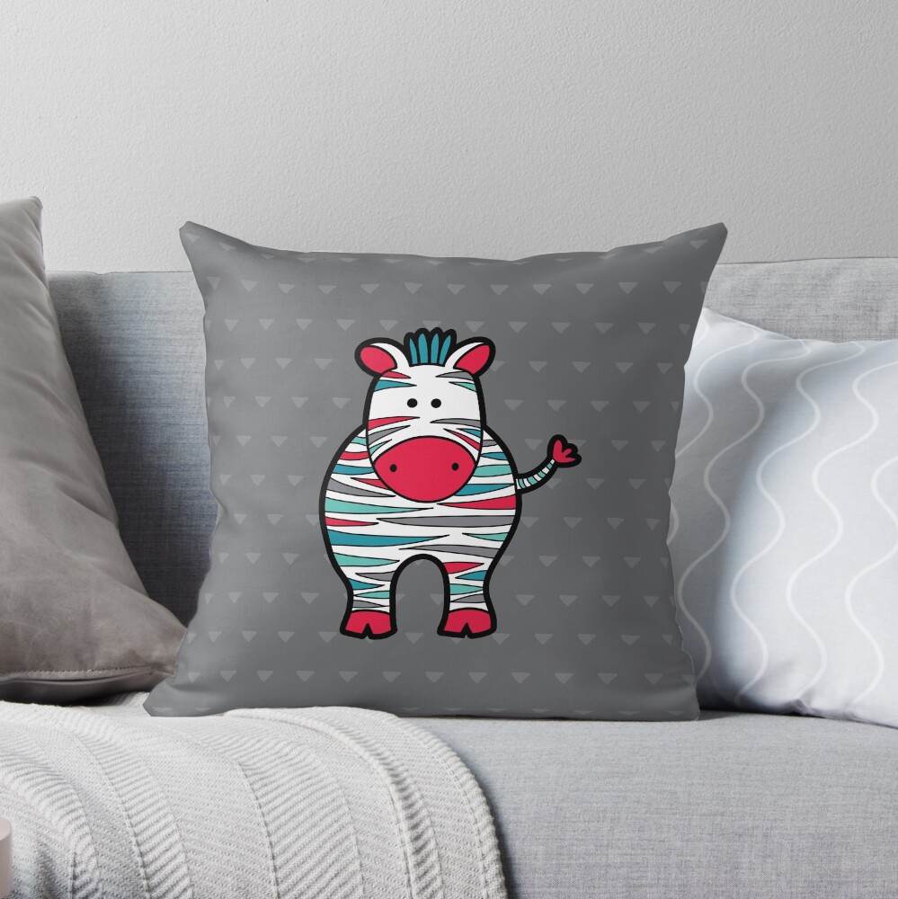 Doodle Zebra Red, Green & Grey Throw Pillow