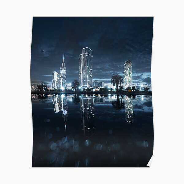Skyscraper Night Reflection Poster