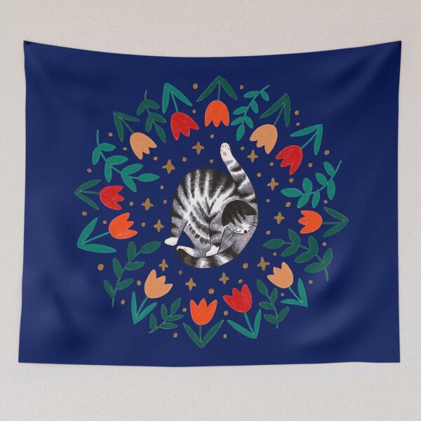 Item preview, Folk Art Grey Tabby Cat & Spring Tulip Flowers - Navy Background designed and sold by Emma Carpenter.