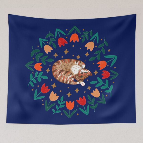 Item preview, Cute Brown & Ginger Tabby Cat & Spring Tulip Flowers - Navy Background designed and sold by Emma Carpenter.