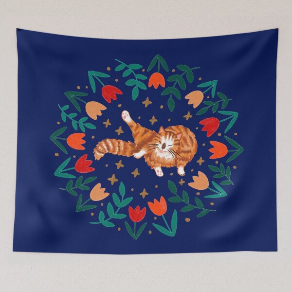 Item preview, Funny Ginger Cat & Spring Tulip Flowers - Navy Background designed and sold by Emma Carpenter.
