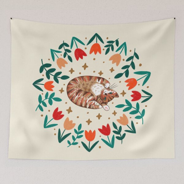 Item preview, Cute Brown & Ginger Tabby Cat & Spring Tulip Flowers - Cream Background designed and sold by Emma Carpenter.