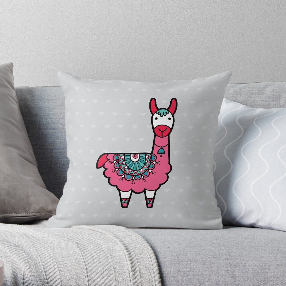 Doodle Llama Pink Throw Pillow