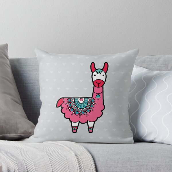 Doodle Llama Pink Throw Pillow