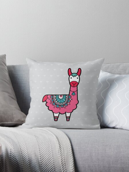 Doodle Llama Pink Throw Pillow