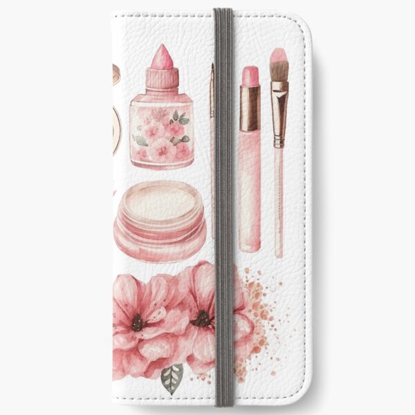 Pink Flowers and Make Up Watercolor iPhone Wallet