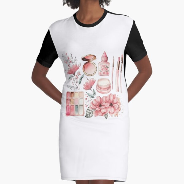 Pink Flowers and Make Up Watercolor Graphic T-Shirt Dress