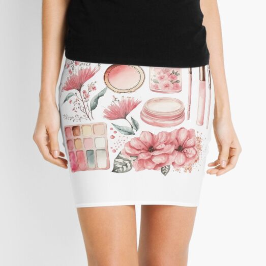 Pink Flowers and Make Up Watercolor Mini Skirt