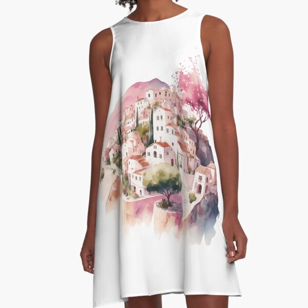Pink village watercolor A-Line Dress